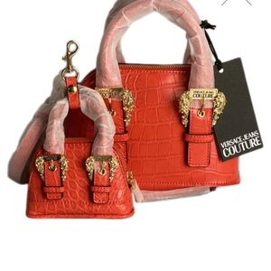Versace Jeans Collection Orange Croc-Embossed Mini Bag Set